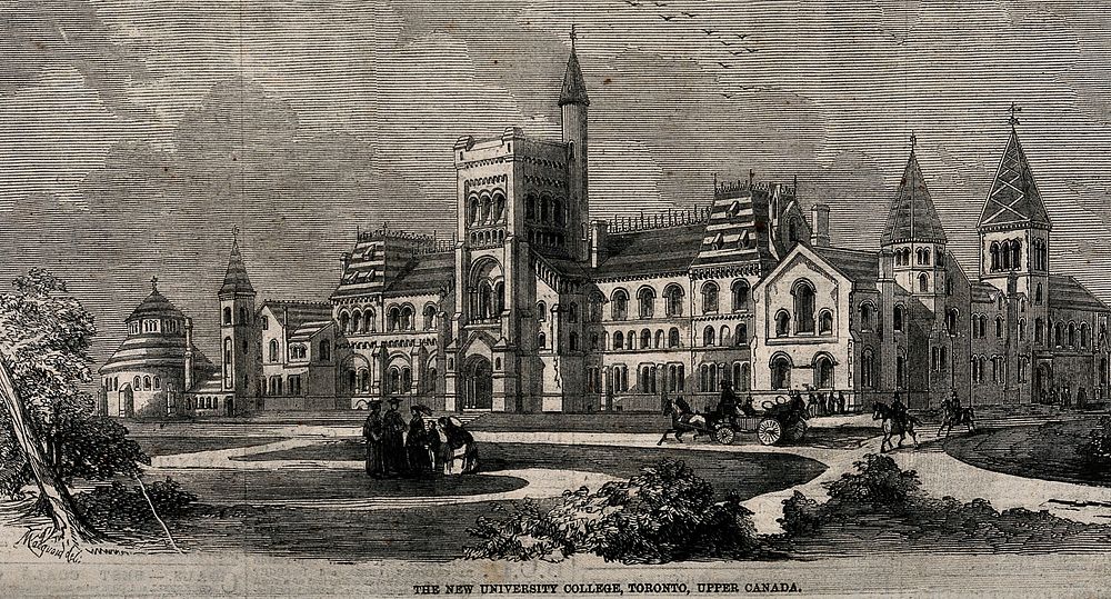 New University College, Toronto, Canada: panoramic view. Wood engraving by Madgourd.