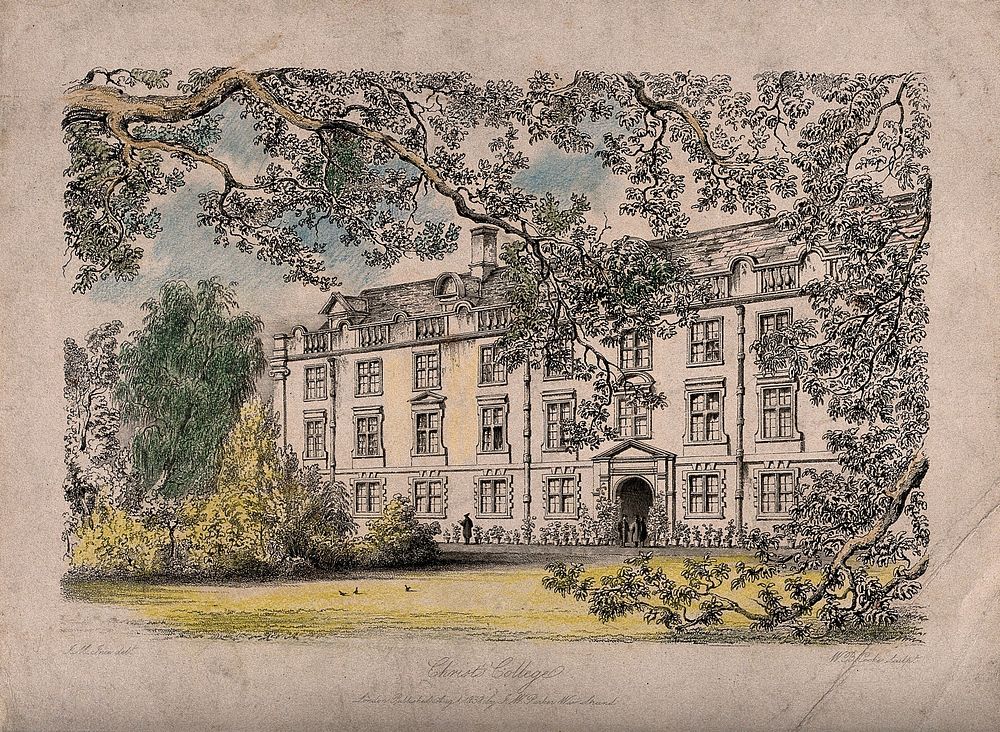 Christ Church, Oxford: from the gardens. Coloured etching by W.B. Cooke, 1838, after J.M. Ince.
