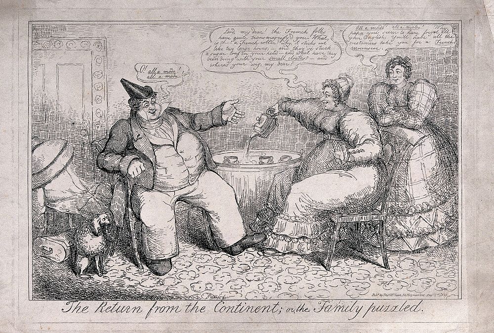 A large man is sitting on a chair by a table while a woman pours tea out of the teapot, seeming to miss the cups as they and…