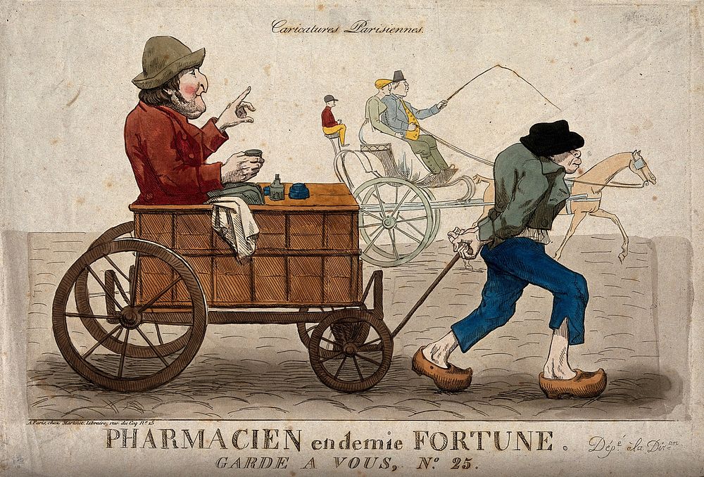 A poor apothecary in a cart being drawn by his servant are overtaken by a wealthy couple in a horse-drawn carriage with a…