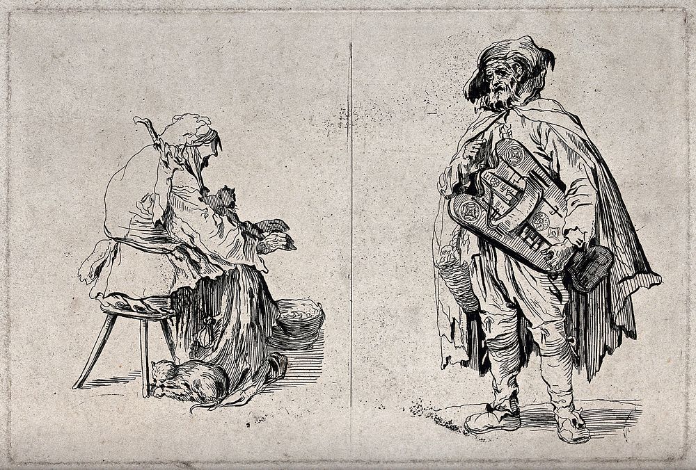 (Left) an old woman sitting on a stool with a cat and warming her hands at a brazier; (right) an old man playing the hurdy…
