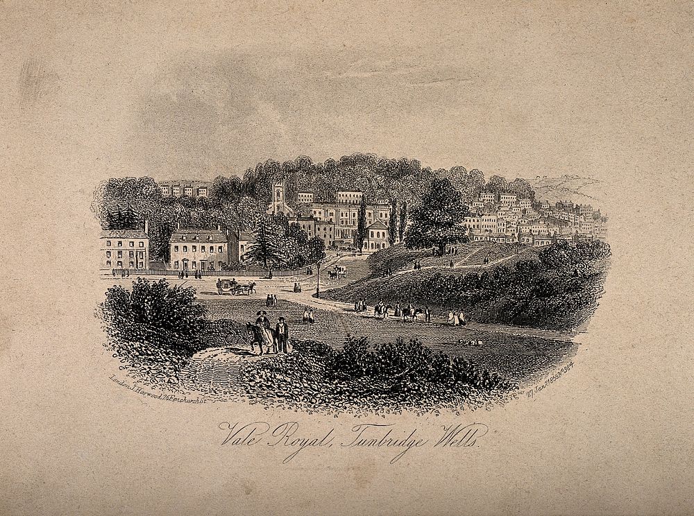Tunbridge Wells, Kent: panoramic view from Vale Royal. Etching, 1855.