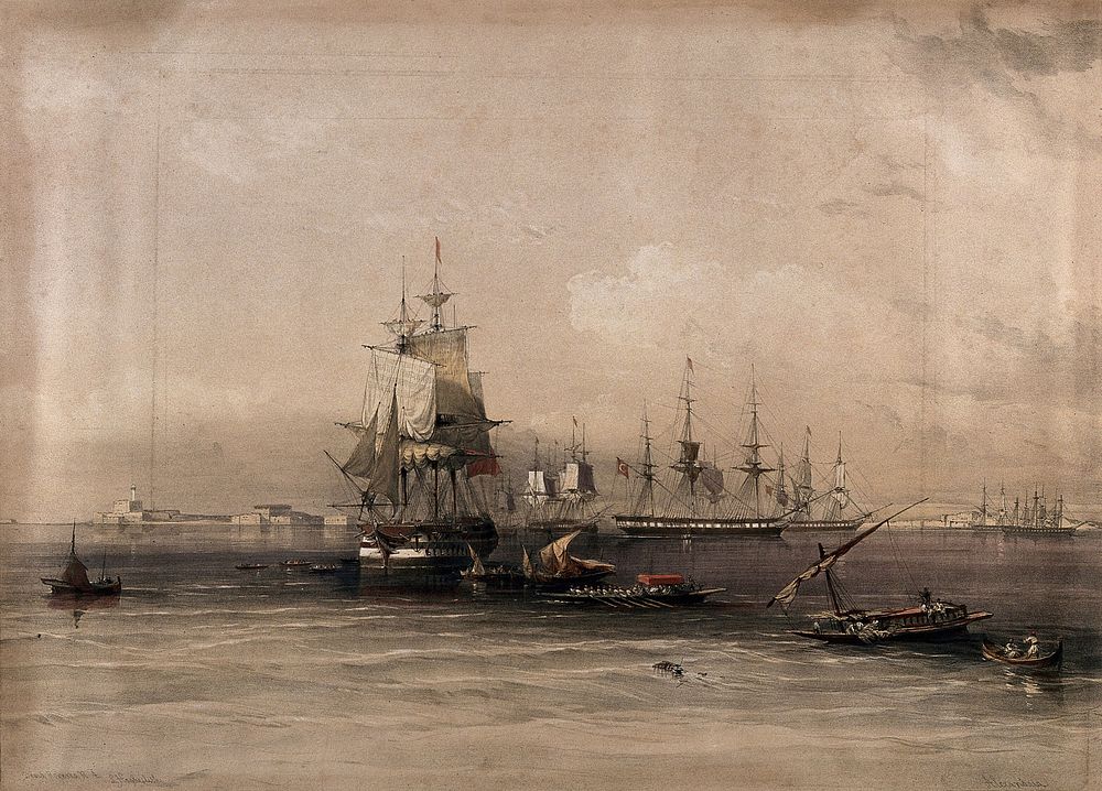 Sailing ships and rowing boats at Alexandria, Egypt. Coloured lithograph by Louis Haghe after David Roberts, 1849.