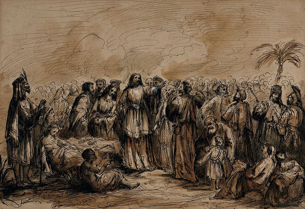 Christ preaching amongst a crowd of people. Pen and ink drawing.