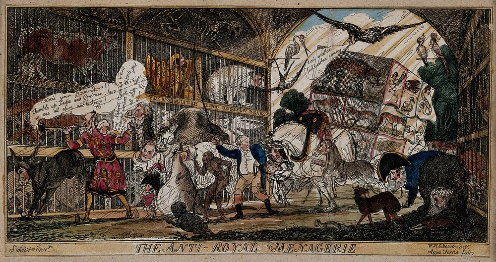 A menagerie of animals with the heads of politicians. Coloured etching by "Aqua Fortis" after W.H. Brooke after "Satirist"…