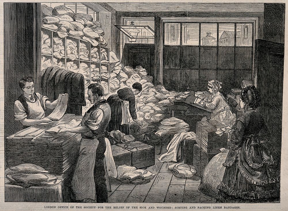 Franco-Prussian War: Society for the Relief of the Sick and Wounded, London office Wood engraving.