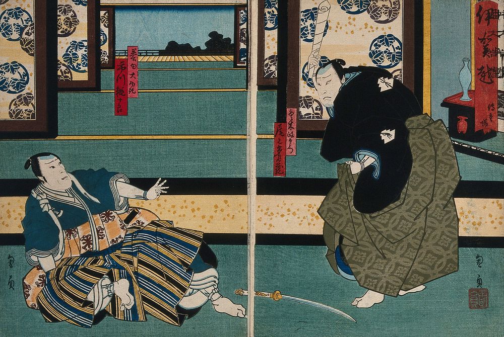 Actors in a confrontation in a large chamber. Colour woodcut by Kunikazu, early 1860s.