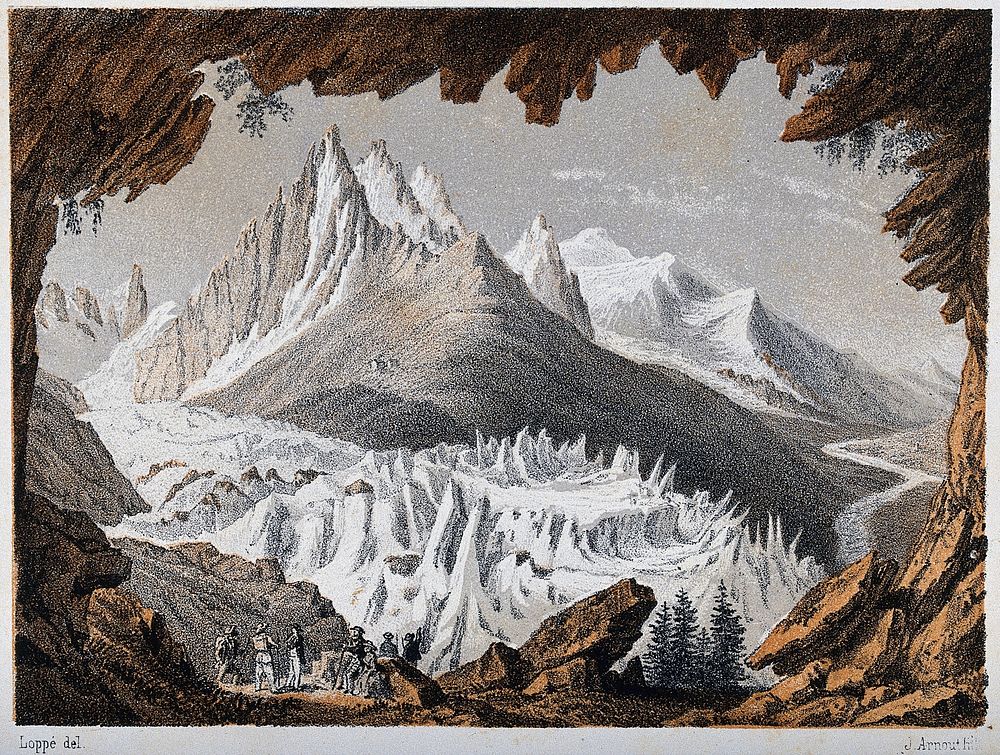 The Glacier des Bains [or Bois], Mont Blanc, from the Montanvert to Chamonix. Colour lithograph by J. Arnout, 1843, after G.…