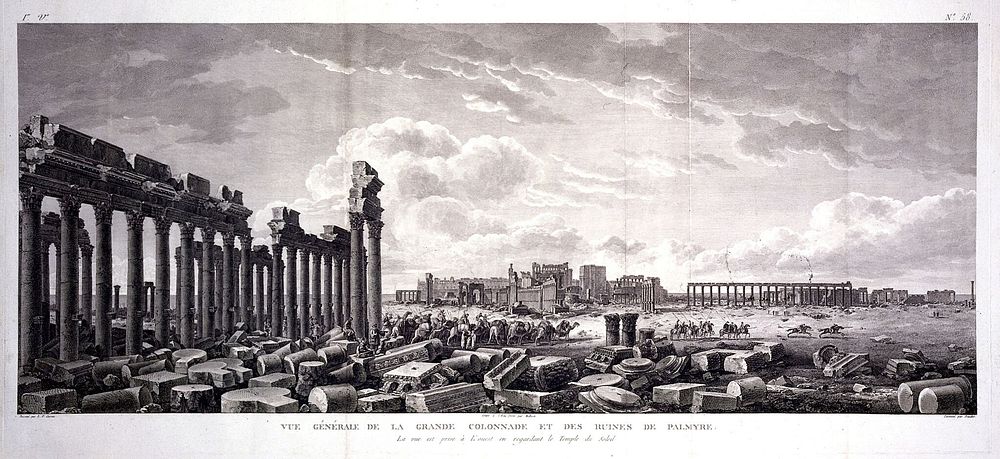 Palmyra, Syria: the colonnade, with the temple of Bel (temple of the sun) in the background. Engraving by G. Malbeste and R.…