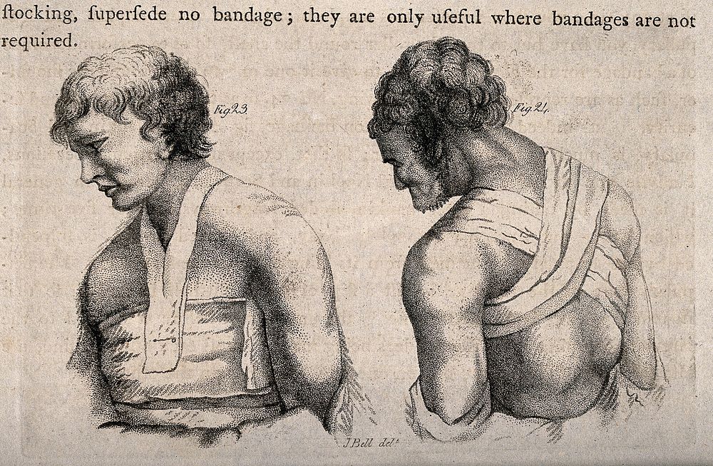 The upper body and head and ways of bandaging them. Stipple engraving by J. Bell.