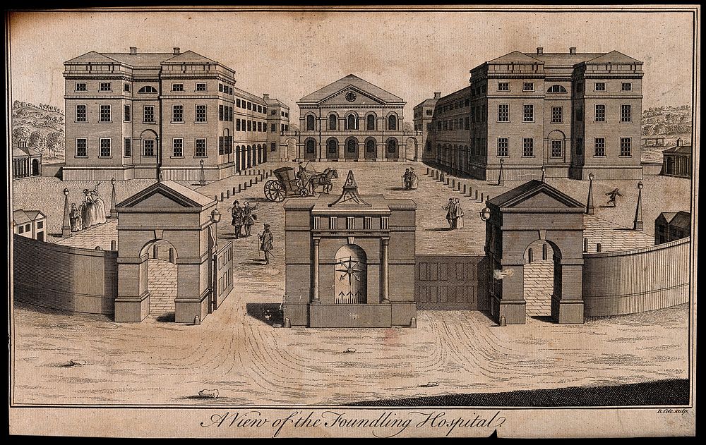 The Foundling Hospital, Holborn, London: a view of the courtyard. Engraving by B. Cole, 1754 [after P. Fourdrinier, 1742].