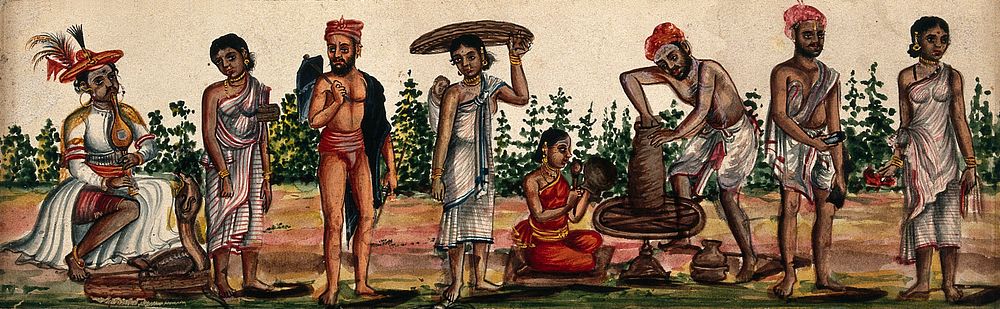 An arrangement of different castes including snake charmer, brick-layer, basket-maker, potter and wives. Gouache drawing.