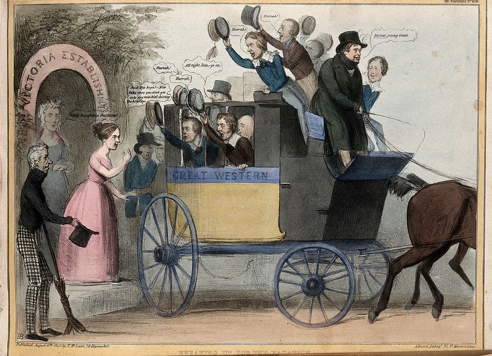 Daniel O'Connell drives a coach containing cheering schoolboy politicians that departs from the "Victoria Establishment".…
