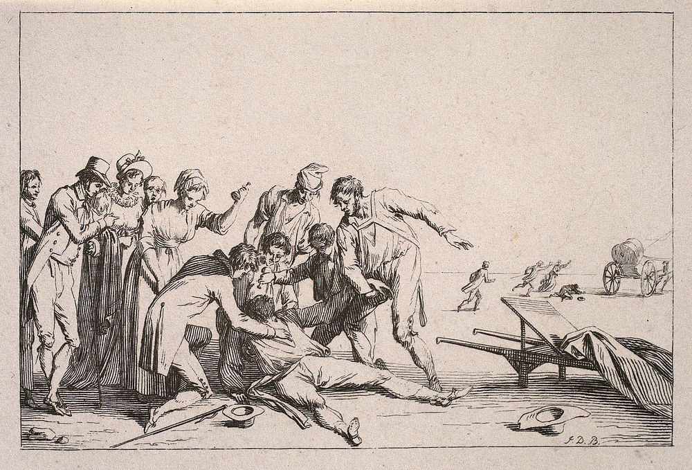 A group of people standing around a man having an epileptic fit. Etching by J. Duplessi-Bertaux.