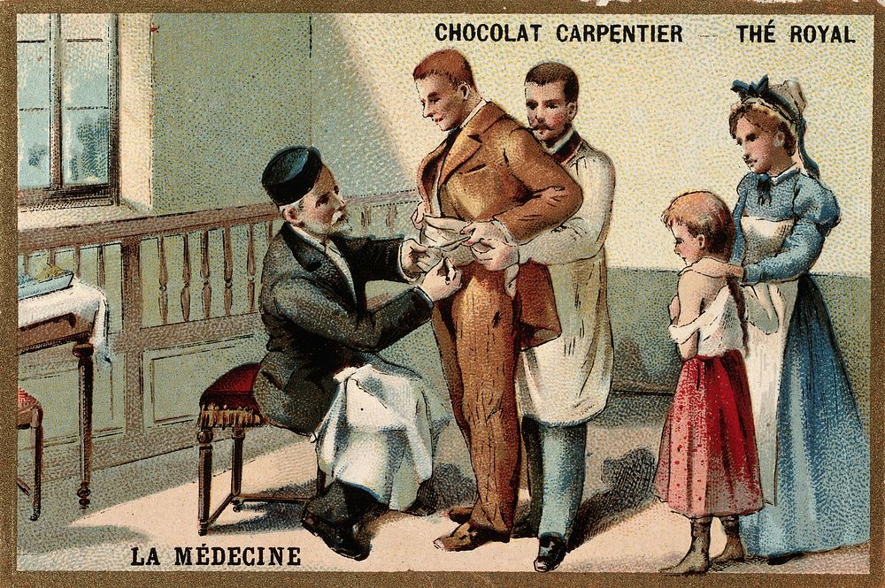 Pasteur inoculating a man with the rabies virus. Chromolithograph.