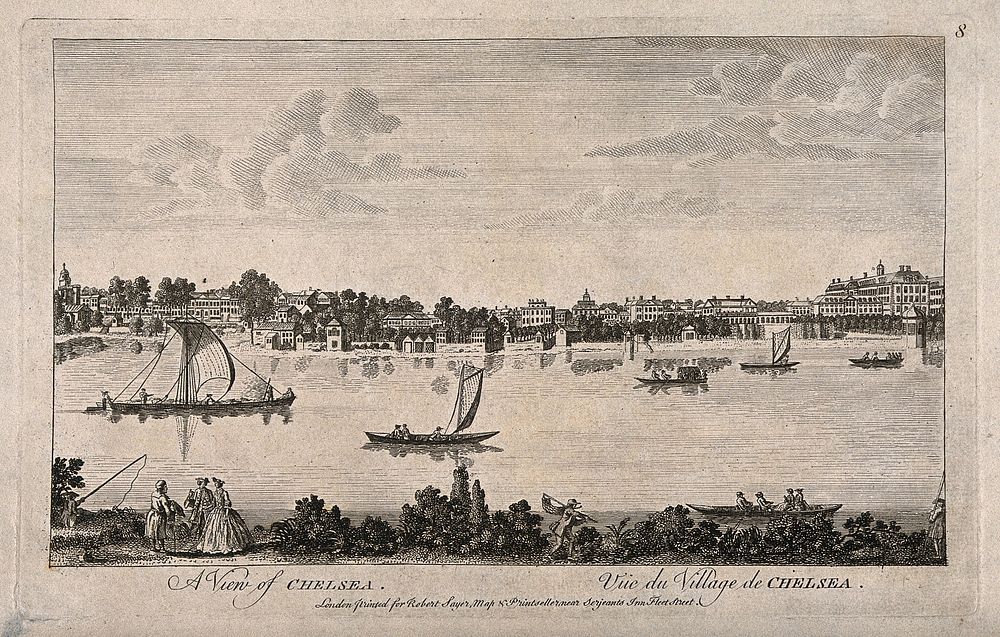 Chelsea: viewed from the Surrey bank with boats on the river. Engraving, 1755, after J. Maurer.