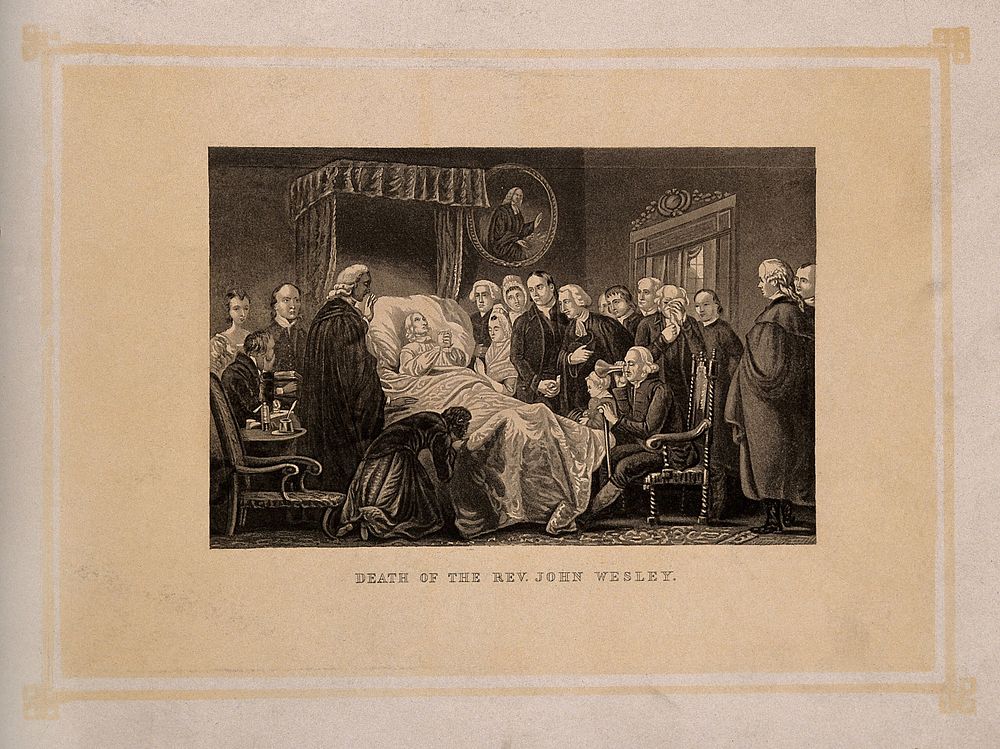 The death-bed of John Wesley, 1791. Process print after J. Sartain after M. Claxton.