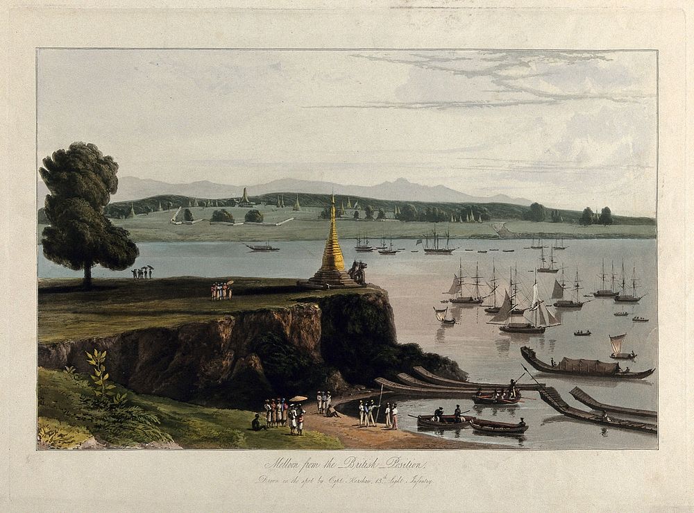 Boats at Melloon, Burma. Coloured aquatint by William Daniell after James Kershaw, c. 1831.