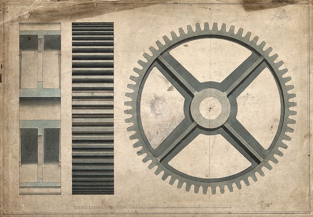 Engineering: a large cogwheel, front and side elevations. Coloured drawing, 1875.