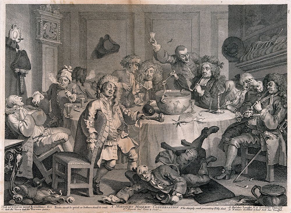A drunken party with men smoking, sleeping and falling to the floor. Engraving by W. Hogarth, 1731, after himself.