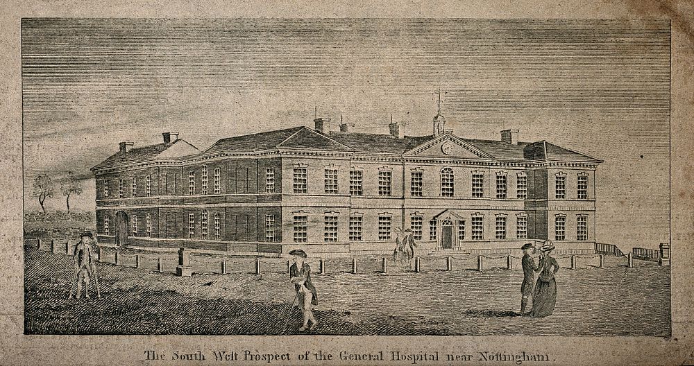 General Hospital, Nottingham, England. Line engraving.