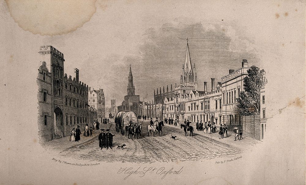 Oxford: panoramic view of the High Street showing various colleges and churches. Line engraving by J. Newman.
