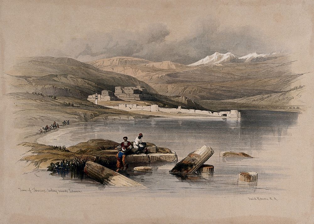 Town of Tiberias, looking towards Lebanon, Israel. Coloured lithograph by Louis Haghe after David Roberts, 1842.