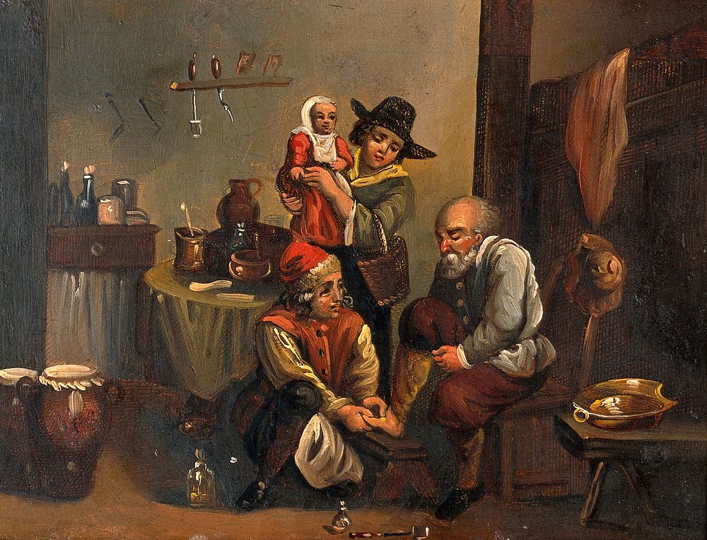Interior of a surgery with a surgeon attending to a man's foot, and a woman and child looking on. Oil painting by a German …