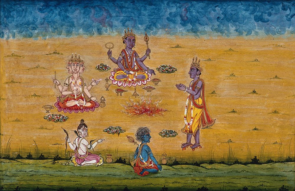 A man prays to Brahman, Vishnu and Shiva and another deity as they perform a yagna, a fire sacrifice, an old vedic ritual…