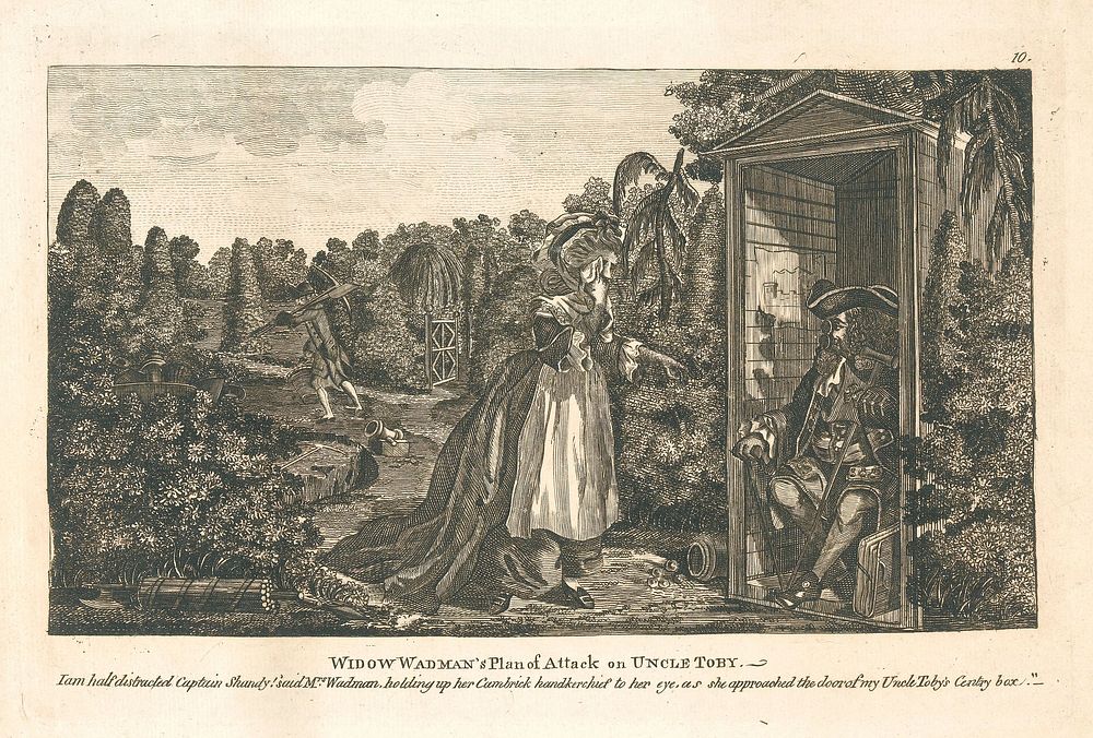 An episode in Tristram Shandy: the widow Wadman wooing Tristram's uncle Toby. Etching after L. Sterne.