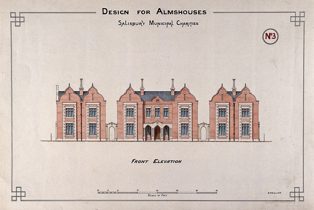 Almshouse, Salisbury: front elevation. Coloured drawing by W. Grellier.