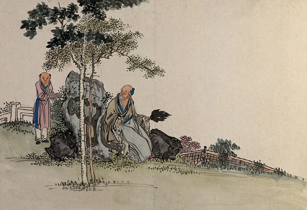 A Chinese sage is offered food in a garden. Gouache by a Chinese artist, ca. 1850.