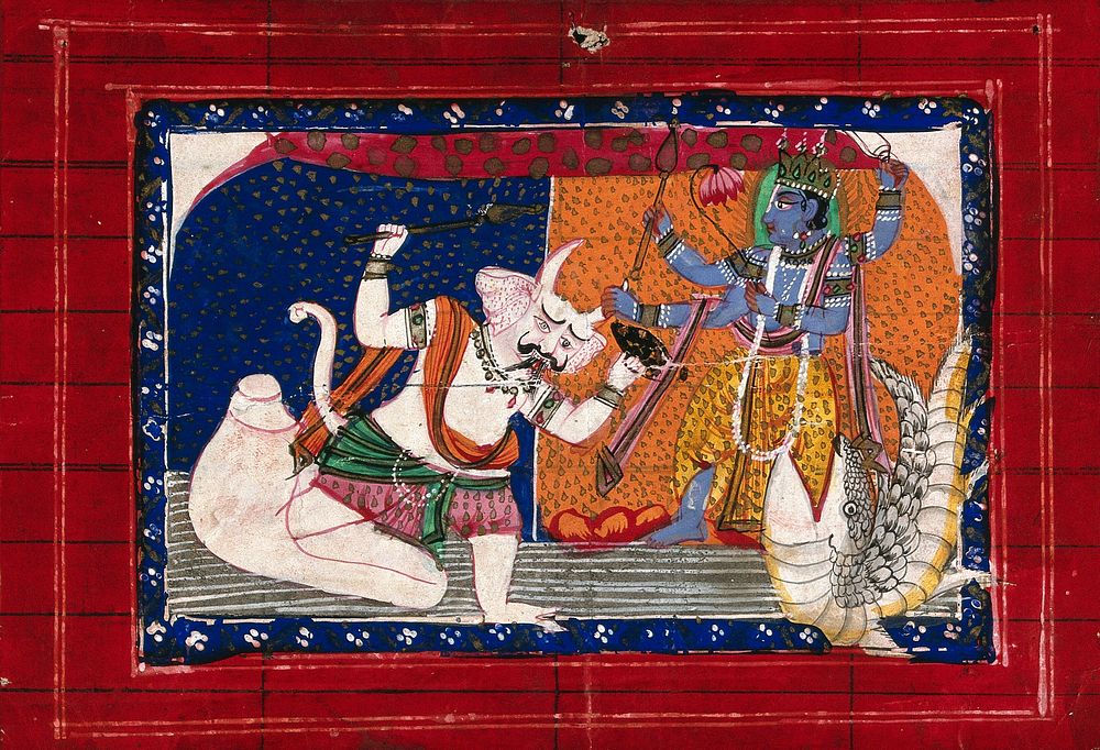 Vishnu as Matsya, the fish incarnation fighting a demon. Gouache drawing.