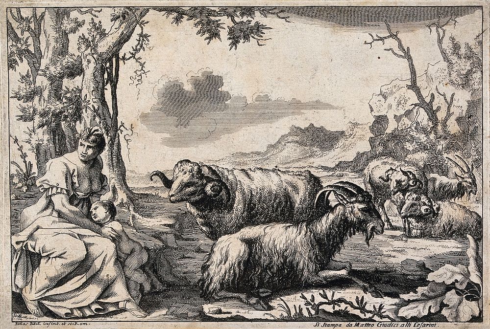 A woman resting near a group of sheep is holding her naked child protectively in her lap. Etching by E. Beck.