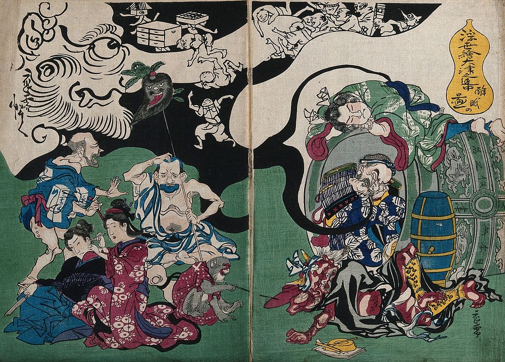 People bewitched  by a tengu (Japanese mountain demon) Colour woodcut attributed to Kyōsai, 187-.