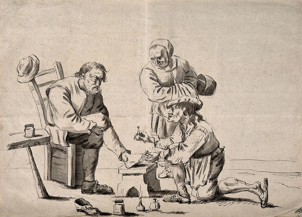 A surgeon treating an elderly man's foot, his wife observes the scene. Pen drawing after D. Teniers, the younger.