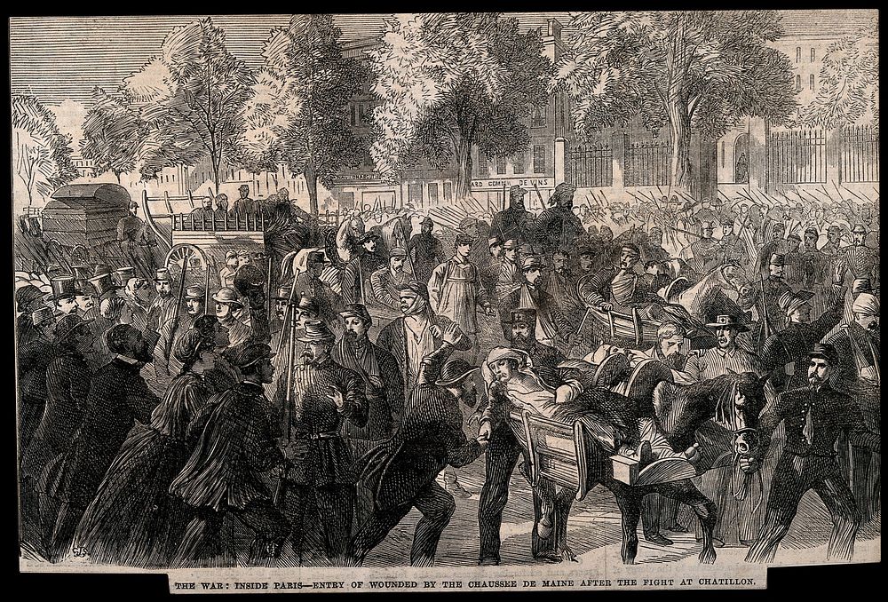 Franco-Prussian War: the wounded entering Paris after the Battle at Chatillon. Wood engraving by C.J.Staniland, 1870.