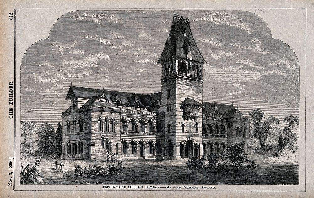 The Elphinstone college, Bombay, India. Wood engraving by Gascoine and Maguire, 1866, after J. Trubshawe.