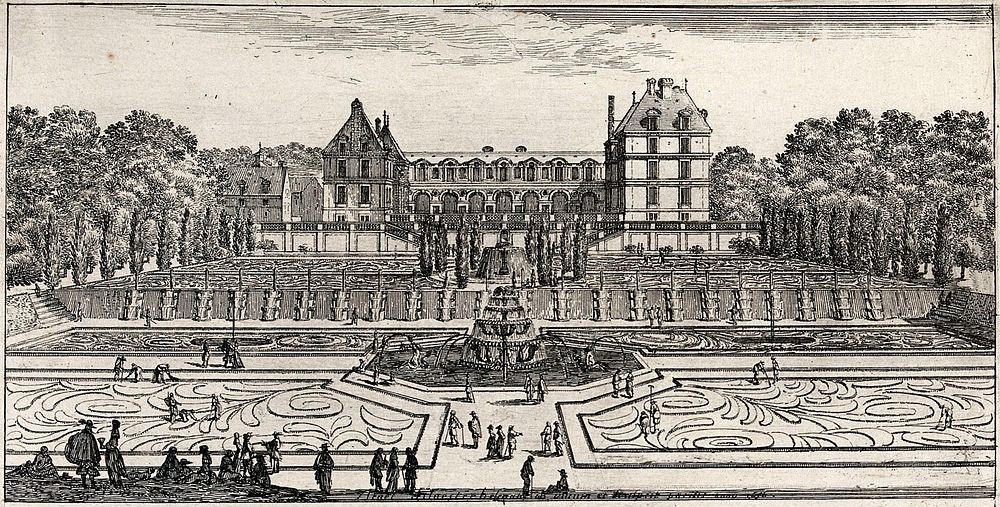The castle of Liancourt and the cascades in the gardens. Etching by I. Silvestre.
