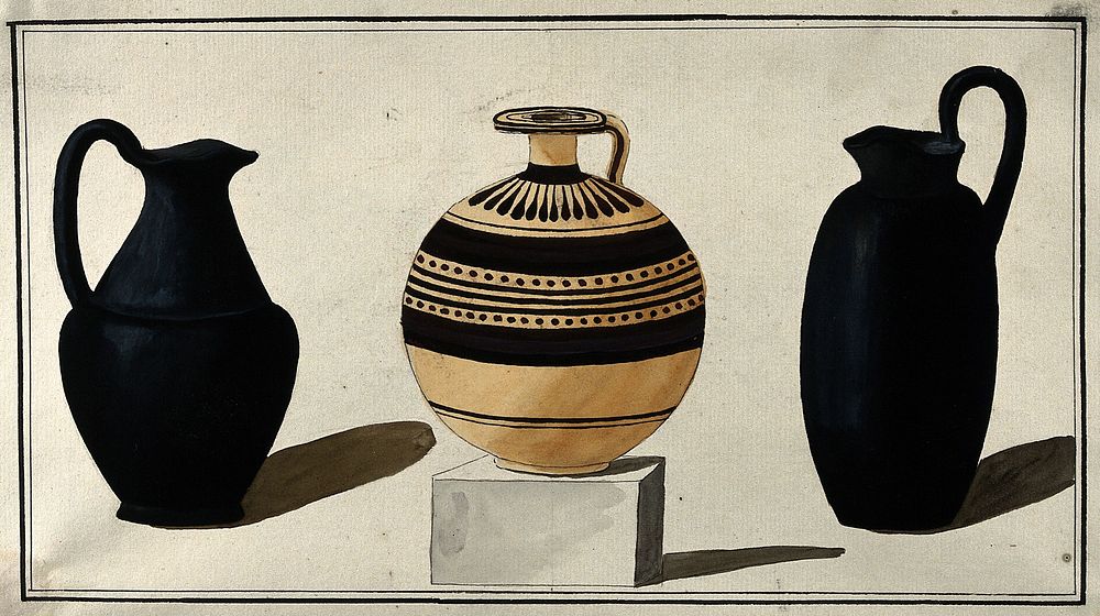 Three Greek jugs. Watercolour by A. Dahlsteen, 176- .