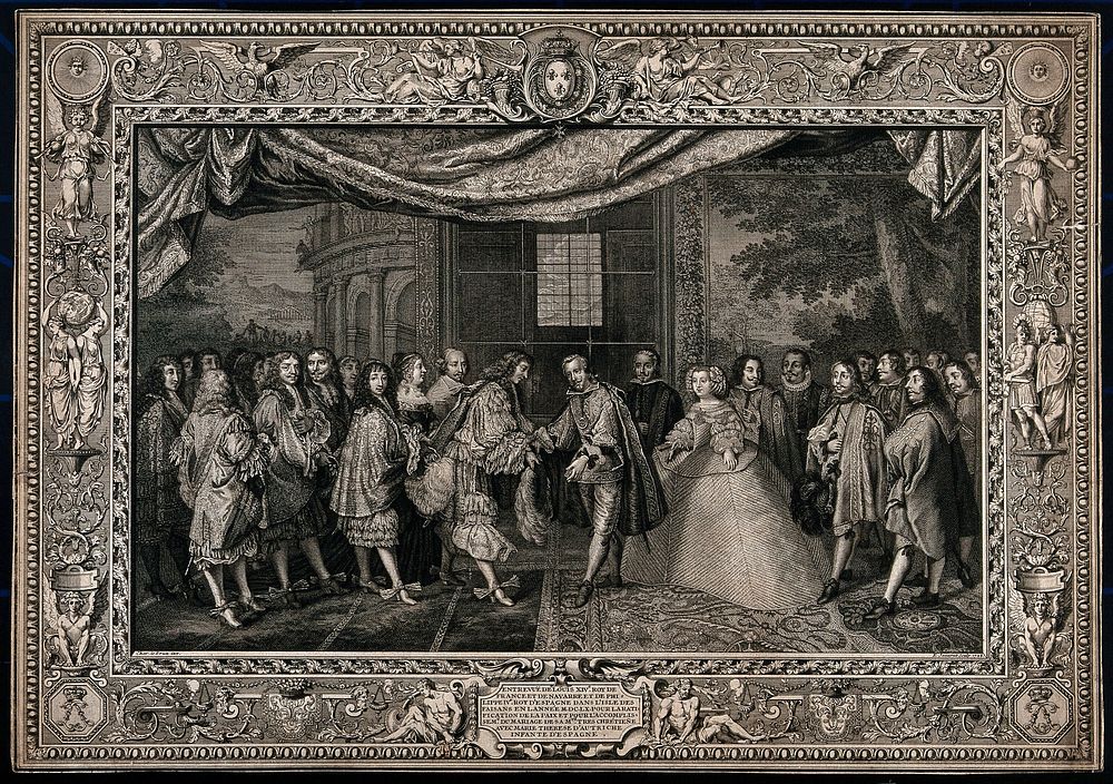 A treaty between Louis XIV of France (left, attended by Cardinal Mazarin), and Philip IV of Spain. Stipple engraving with…
