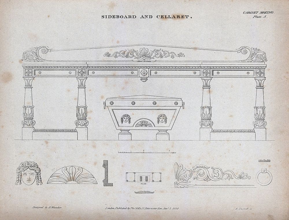 Cabinet-making: a sideboard and cellaret. Engraving by E. Turrell after H. Whitaker, 1848.