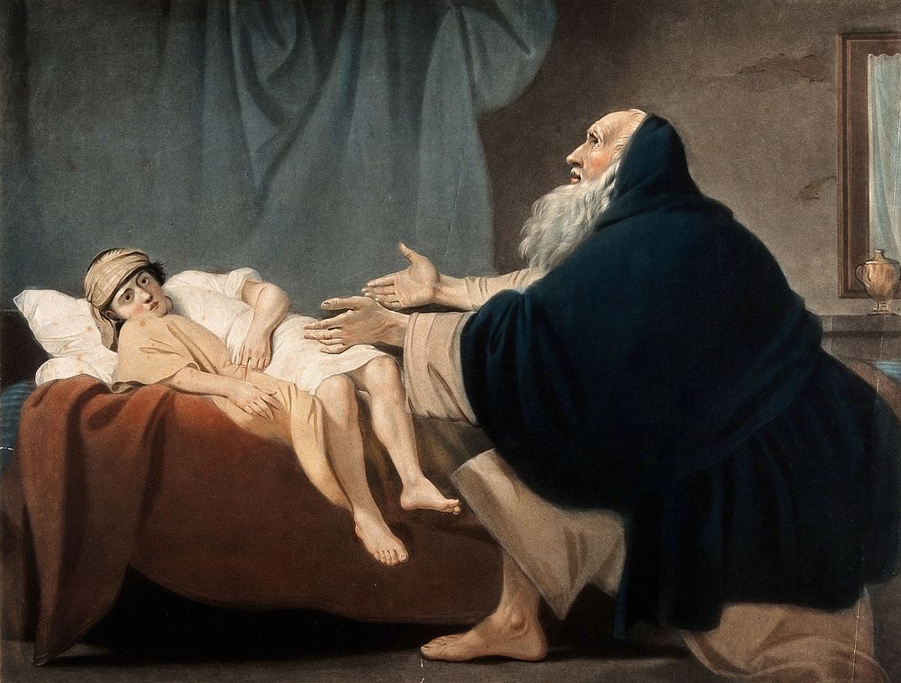 The widow's son, empty-eyed, returns to life at the prayer of Elijah. Coloured mezzotint by V. Green, 1799, after B. West.