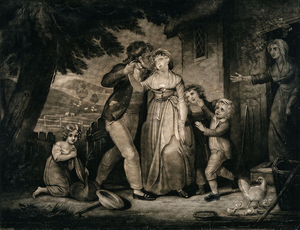 A husband returns to his wife, the children rush out to greet him and an older woman stands in the doorway. Mezzotint.