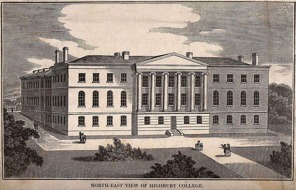 Highbury College, London: north-east view. Wood engraving.