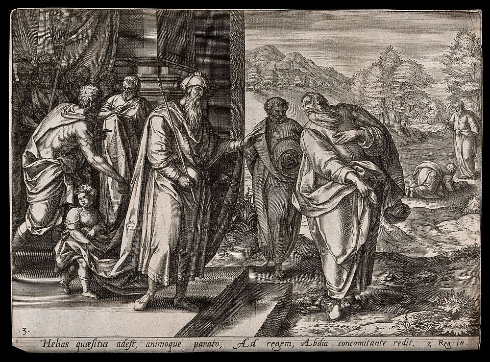 Elijah is led to his confrontation with King Ahab. Engraving, c. seventeenth century.