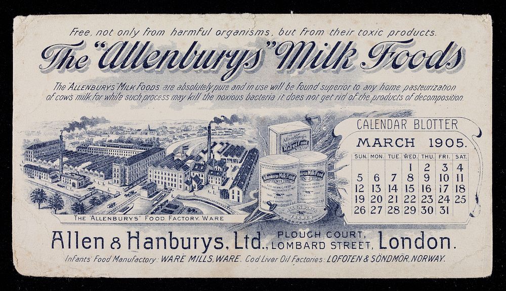 The "Allenburys" Milk Foods : calendar blotter, March 1905 / Allen & Hanburys, Ltd.