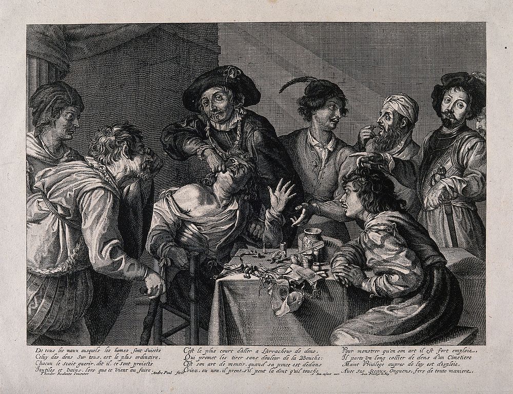A troupe of travelling performers including a toothdrawer. Engraving by A. Paul after T. Rombouts.