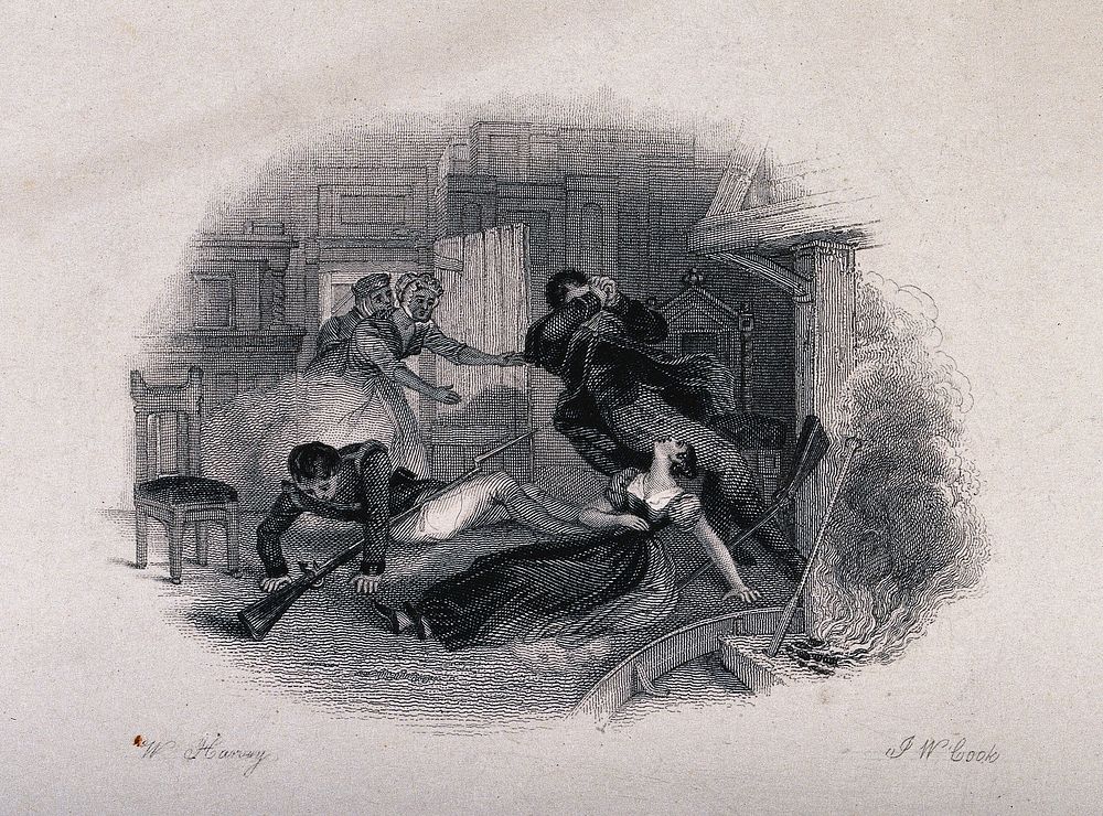 An accident in front of a fireplace: a young lady and two young men fall injured to the ground next to two guns while…