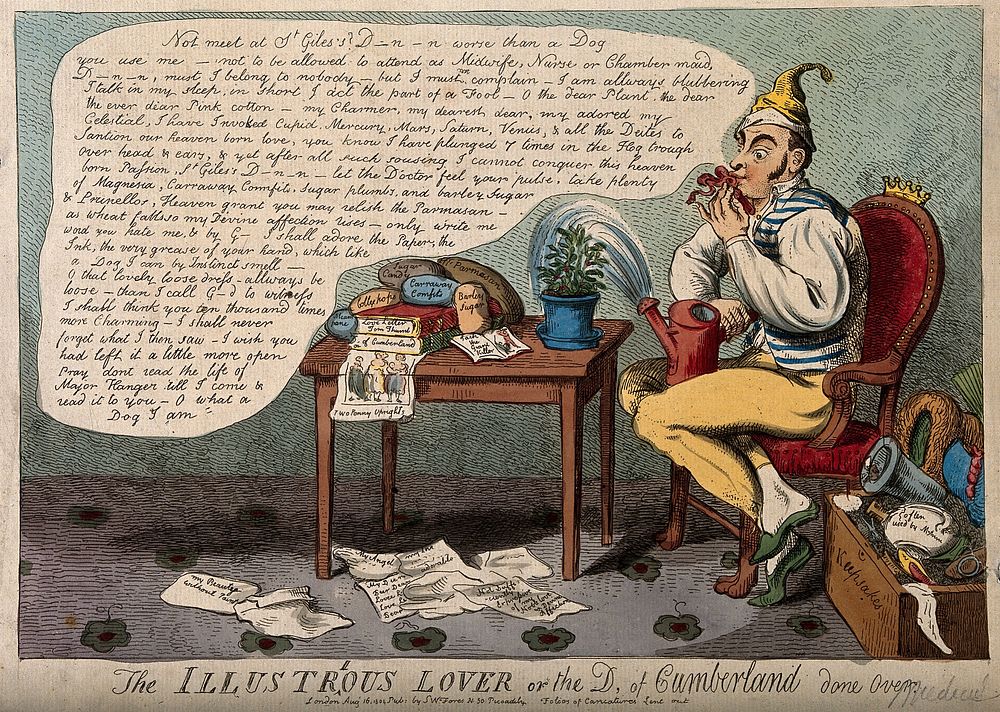 A foolish man kissing a ribbon and surrounded by sentimental keepsakes; representing the Duke of Cumberland's love for Mrs.…